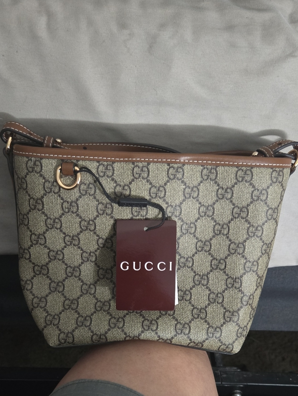 Gucci Beige/Brown GG Canvas Shoulder Bag with Leather Trim